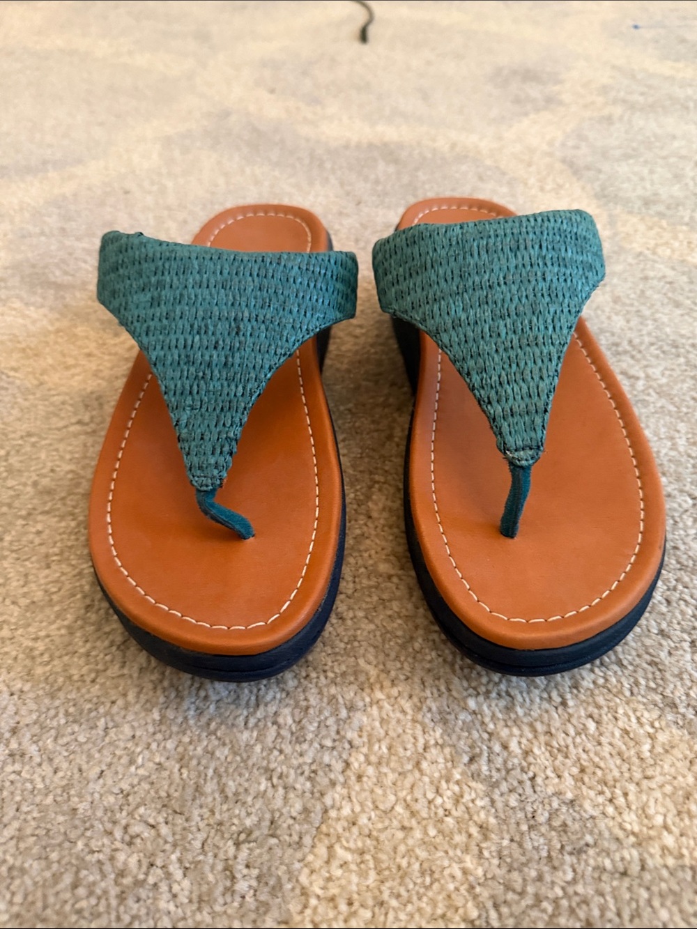 FitFlop Sea Blue Raffia Weave Toe-Thong Wedge Sandals Women’s US 8 EU 39